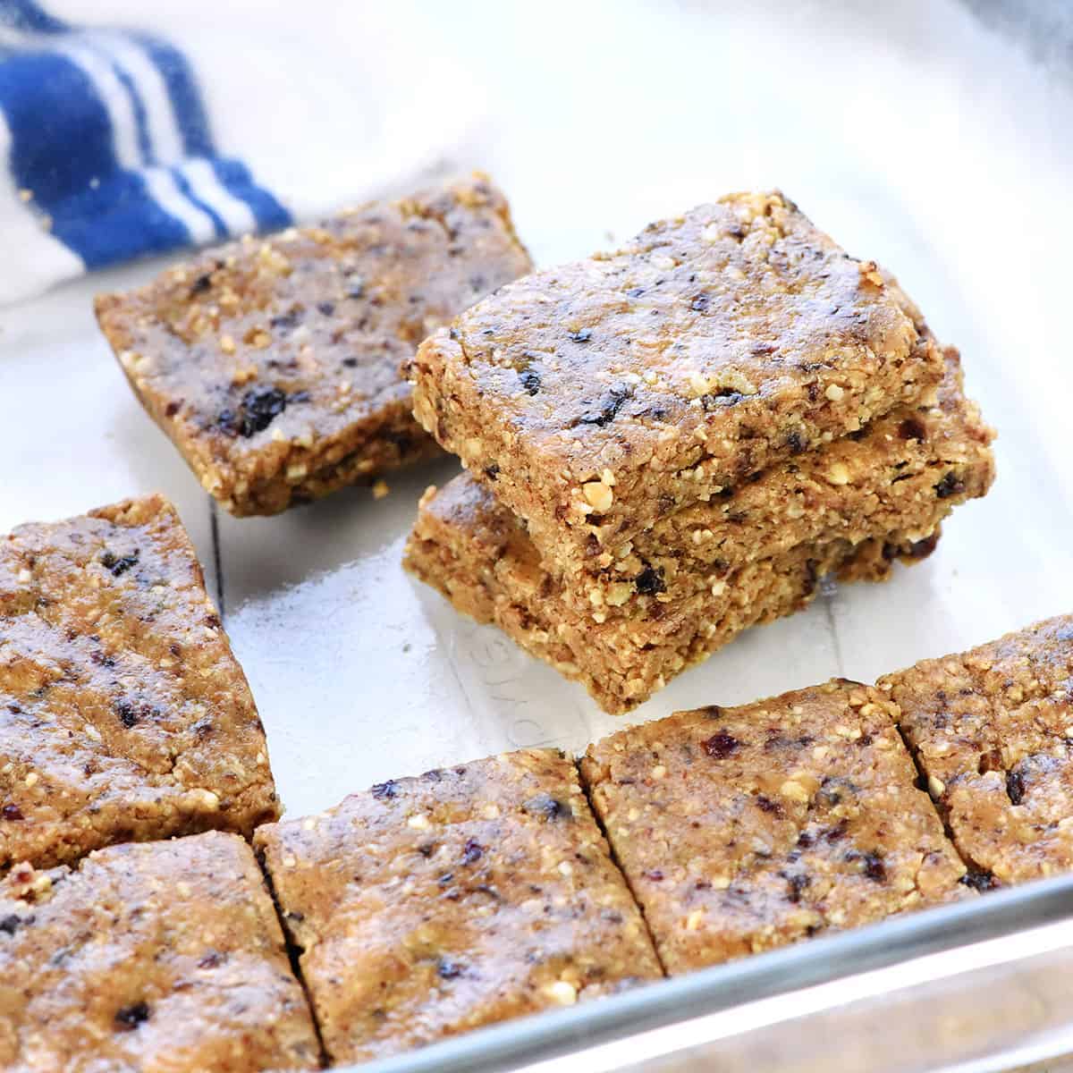 Energy Bars sliced and stacked in dish.