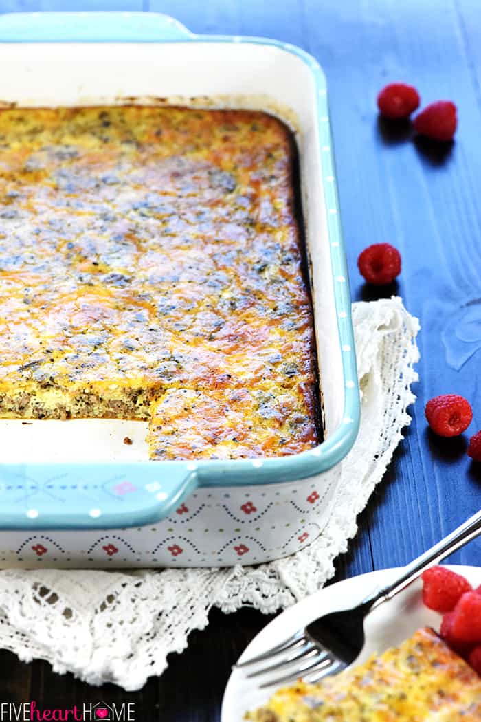 Baking dish with one serving of Ground Beef & Egg Breakfast Casserole removed to plate.