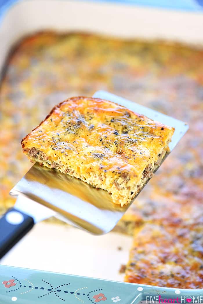 Slice lifted out of baking dish with a spatula.