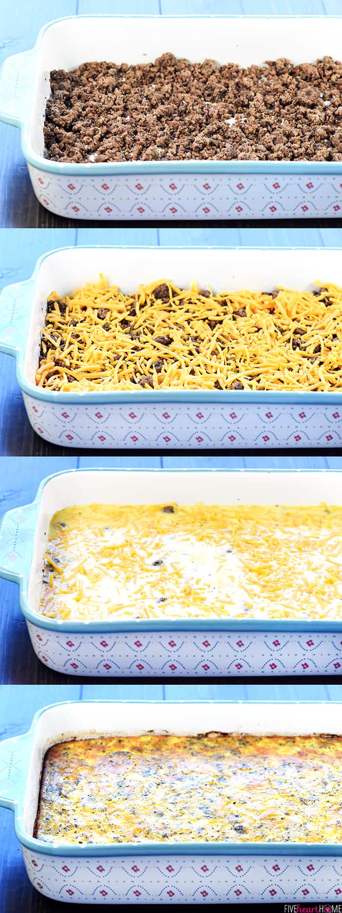 Collage showing steps: ground beef in dish, topped with cheese, topped with eggs, and then baked.