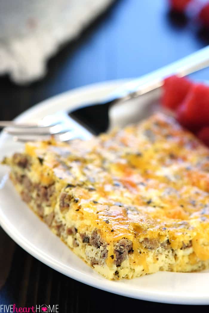 Close-up of slice of Ground Beef & Egg Breakfast Casserole on plate.