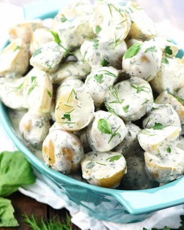 Herb & Greek Yogurt Potato Salad in serving bowl.