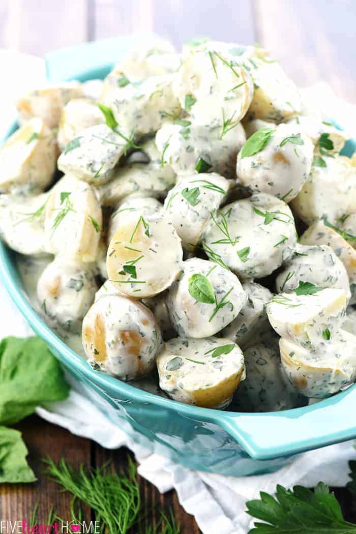 Herb & Greek Yogurt Potato Salad Close-Up in a Serving Bowl