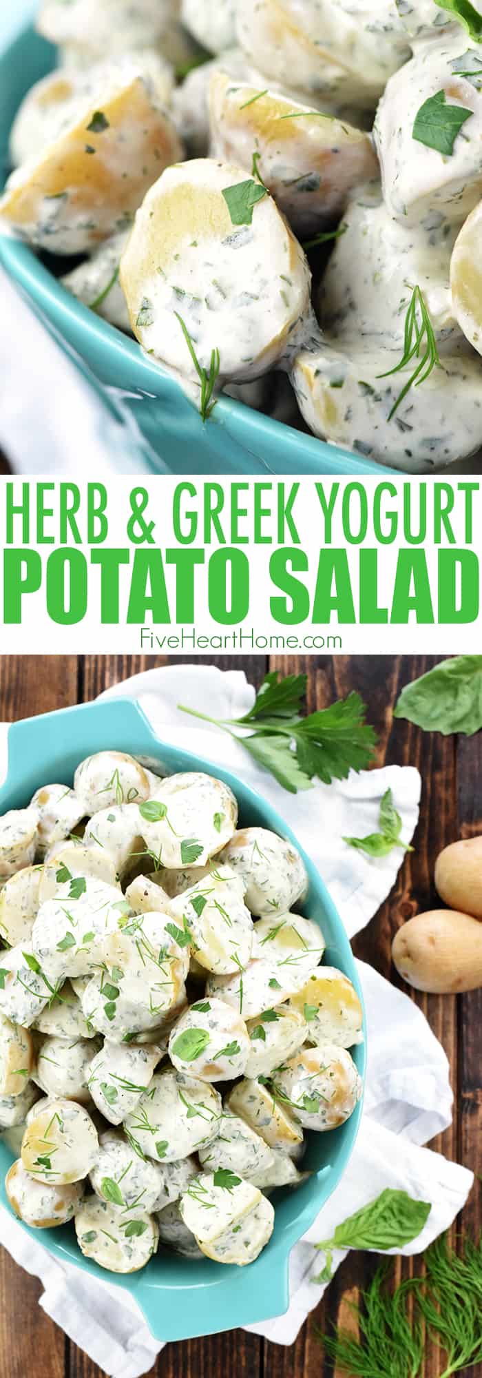 Herb & Greek Yogurt Potato Salad ~ a creamy, lightened-up, versatile side dish recipe with loads of flavor from fresh herbs! | FiveHeartHome.com via @fivehearthome