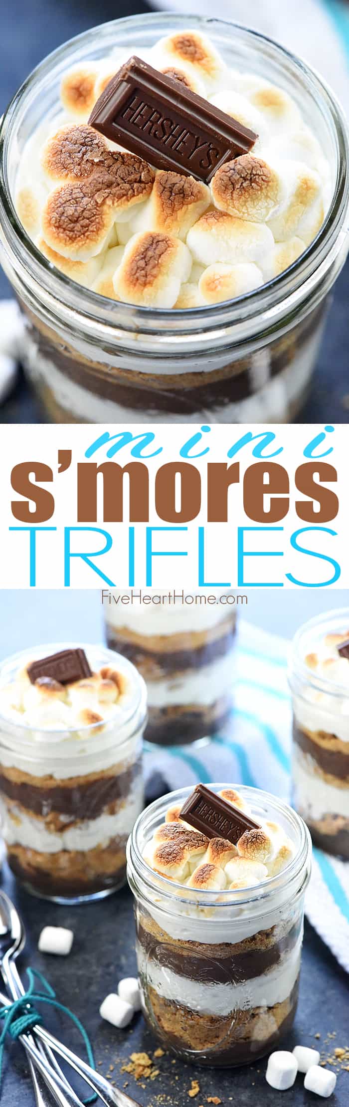 Mini S'mores Trifles ~ layered with rich chocolate pudding, crushed graham crackers, and marshmallow-laced whipped cream for a simple, yummy, no-bake dessert! | FiveHeartHome.com via @fivehearthome