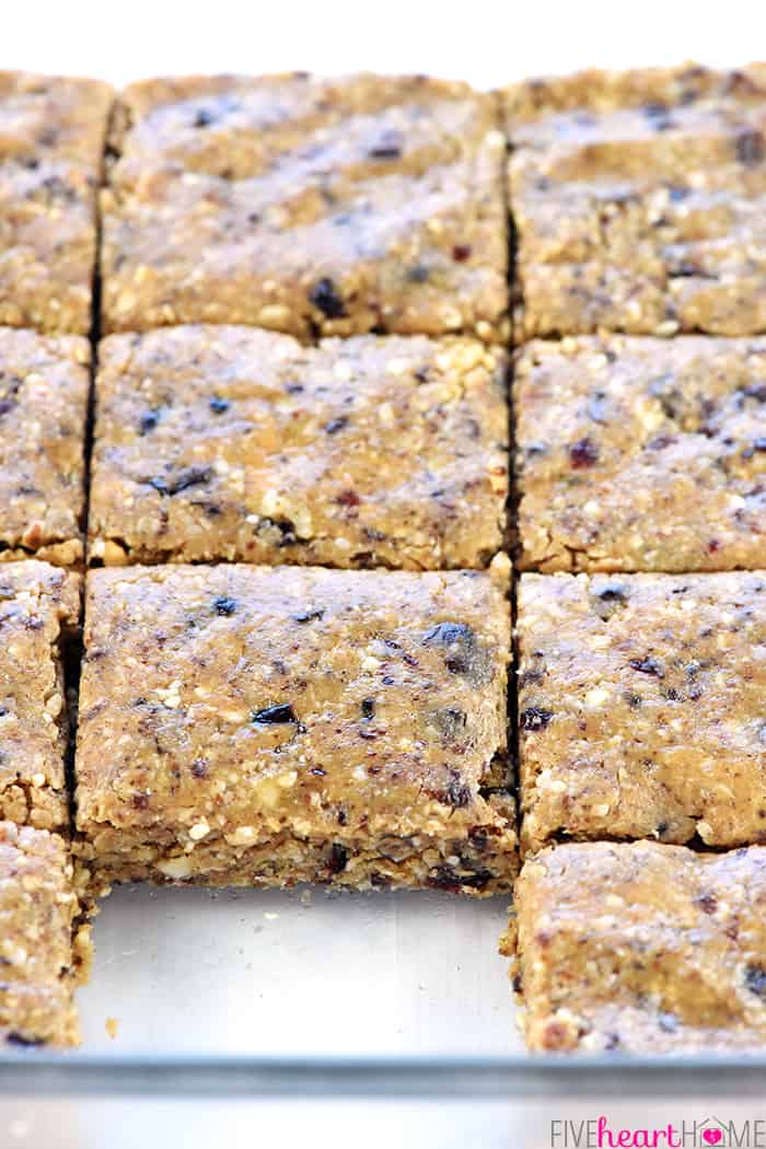No-Bake Oatmeal Peanut Butter Energy Bars ~ these easy energy bars quickly come together in the food processor with wholesome ingredients like oats, nuts, chia seeds, peanut butter (or your favorite alternative), dried fruit, and honey! | FiveHeartHome.com Close-up of sliced Energy Bars in dish.