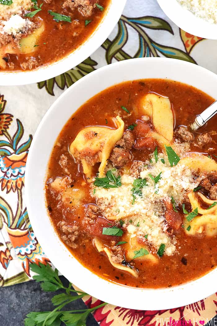 Aerial view of bowls of Lasagna Soup.