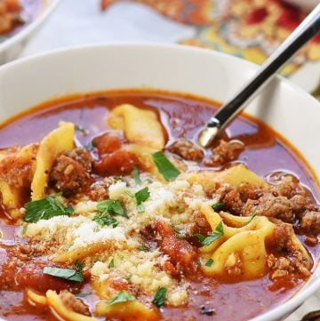 Bowl of Tortellini Lasagna Soup.