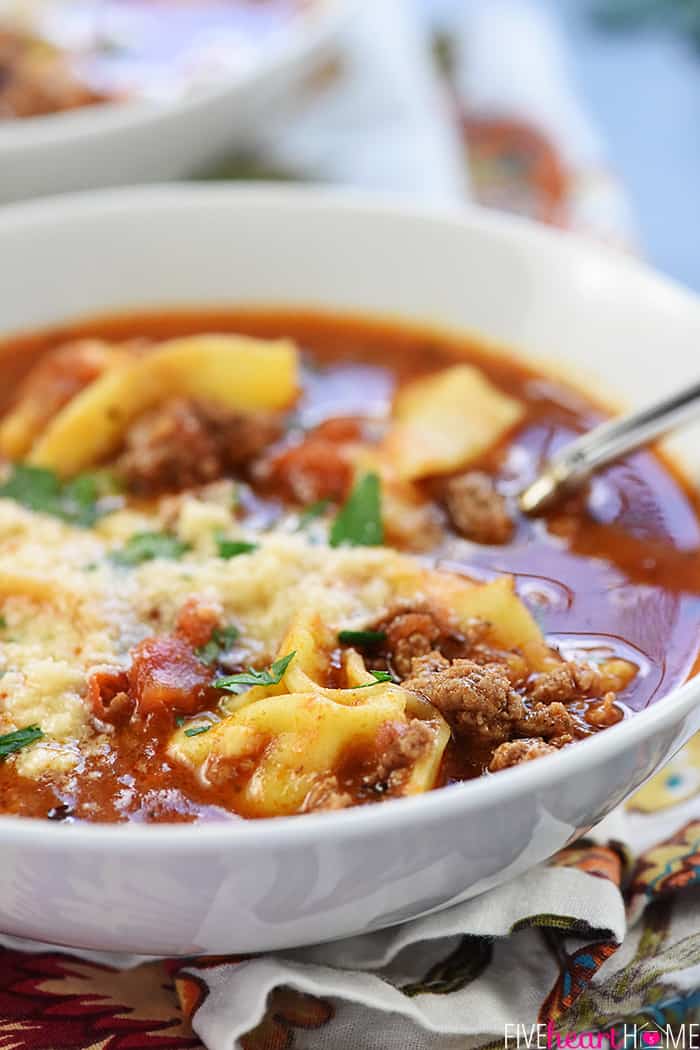 Lasagna Soup close-up in bowl.