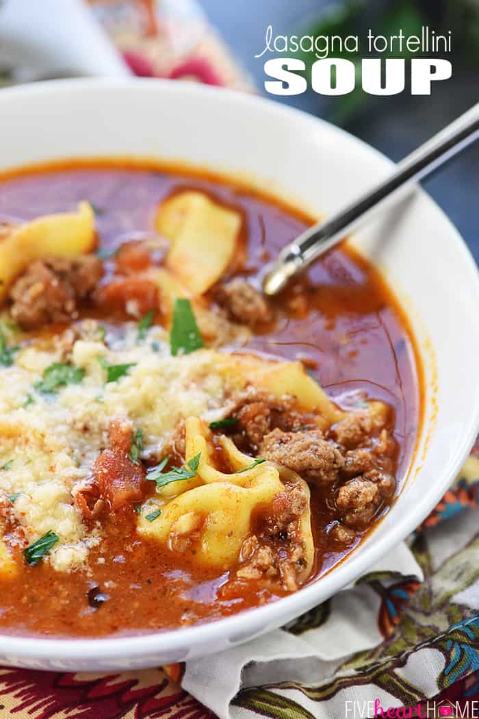 Lasagna Tortellini Soup ~ a flavorful stovetop recipe featuring ground beef, herbs, and Parmesan in a marinara-based broth that can be ready in just 20 minutes! | FiveHeartHome.com