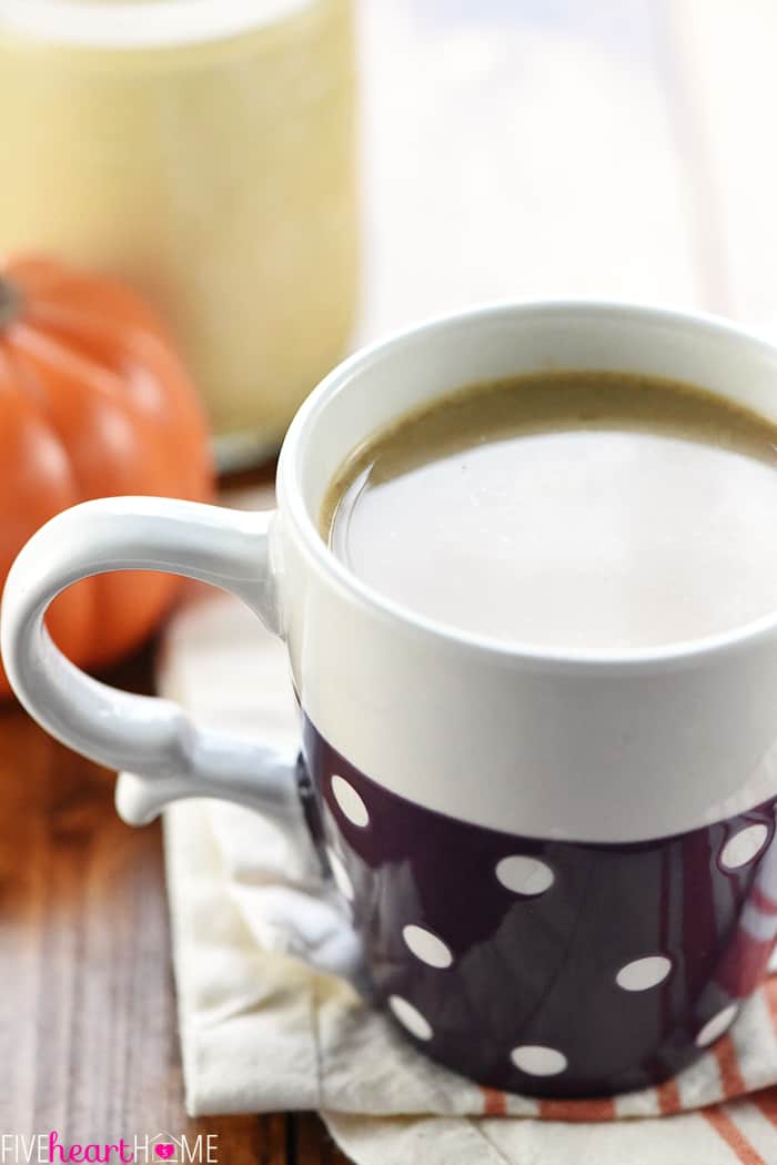 Homemade Pumpkin Spice Coffee Creamer Recipe ~ made with real pumpkin puree and warm spices for all-natural, Starbucks copycat, Pumpkin Spice Lattes at home! | FiveHeartHome.com