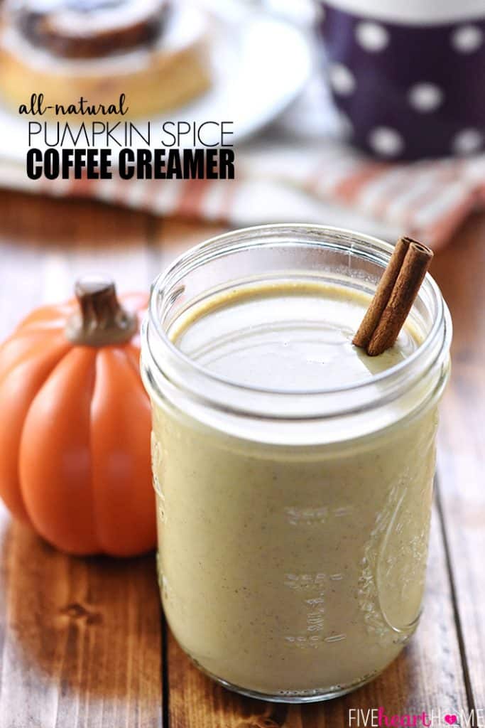 Homemade Pumpkin Spice Coffee Creamer recipe in glass jar with cinnamon stick.