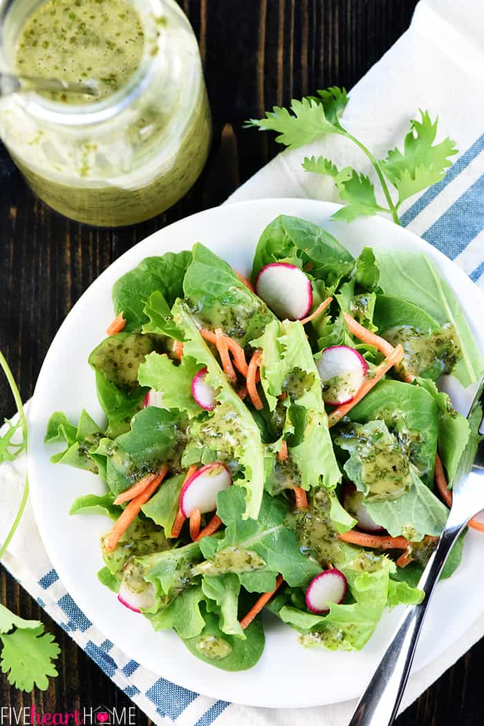 Cilantro Dressing poured over a salad