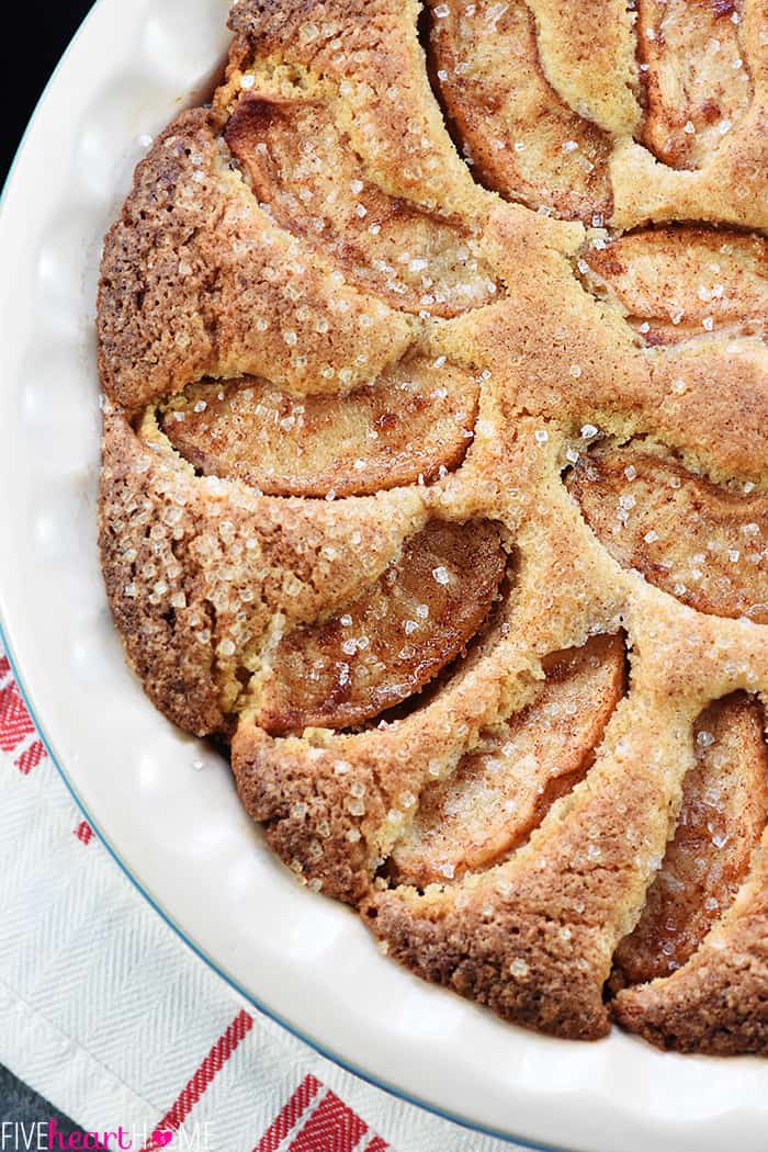 Easy Apple Cake ~ a quick cinnamon-kissed batter and a crown of sliced apples add up to a sweet, simple dessert that's perfect for fall or any time of year! | FiveHeartHome.com Aerial View and Close-up Shot of Cake