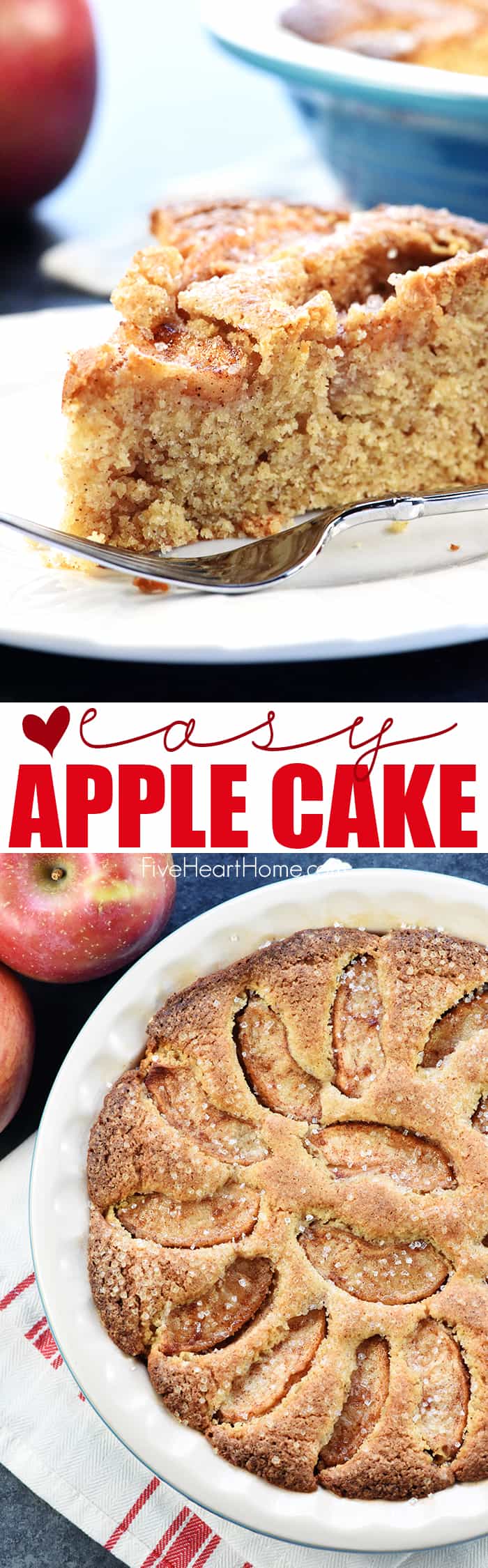 Easy Apple Cake ~ features a quick cinnamon-kissed batter and a crown of sliced apples for a sweet, simple dessert that's perfect for fall or any time of year! | FiveHeartHome.com via @fivehearthome