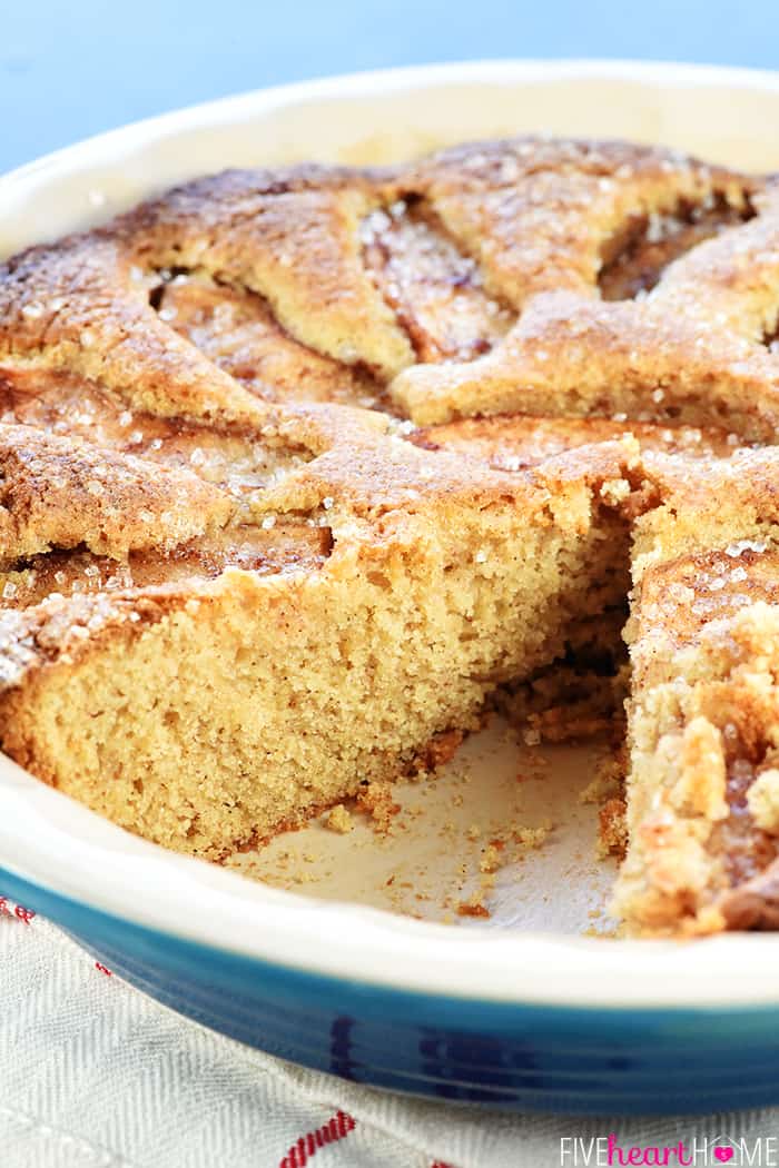 Easy Apple Cake ~ a quick cinnamon-kissed batter and a crown of sliced apples add up to a sweet, simple dessert that's perfect for fall or any time of year! | FiveHeartHome.com Slice Removed