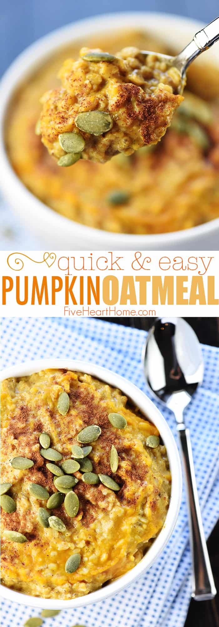 Quick & Easy Pumpkin Oatmeal ~ a healthy, yummy fall breakfast recipe loaded with pumpkin, almond butter, chia seeds, and cinnamon & spices, sweetened with a touch of maple syrup, and topped with roasted pumpkin seeds! | FiveHeartHome.com via @fivehearthome