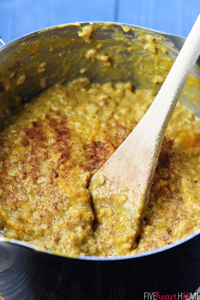 Quick & Easy Pumpkin Oatmeal in Stainless Pot with Wooden Spoon