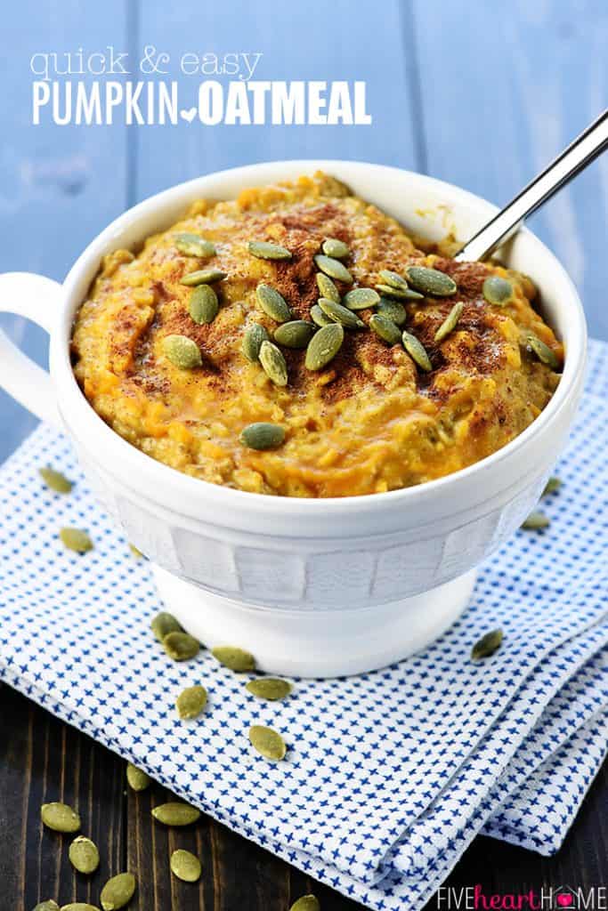 Pumpkin Oatmeal in a bowl with pumpkin seeds on top.