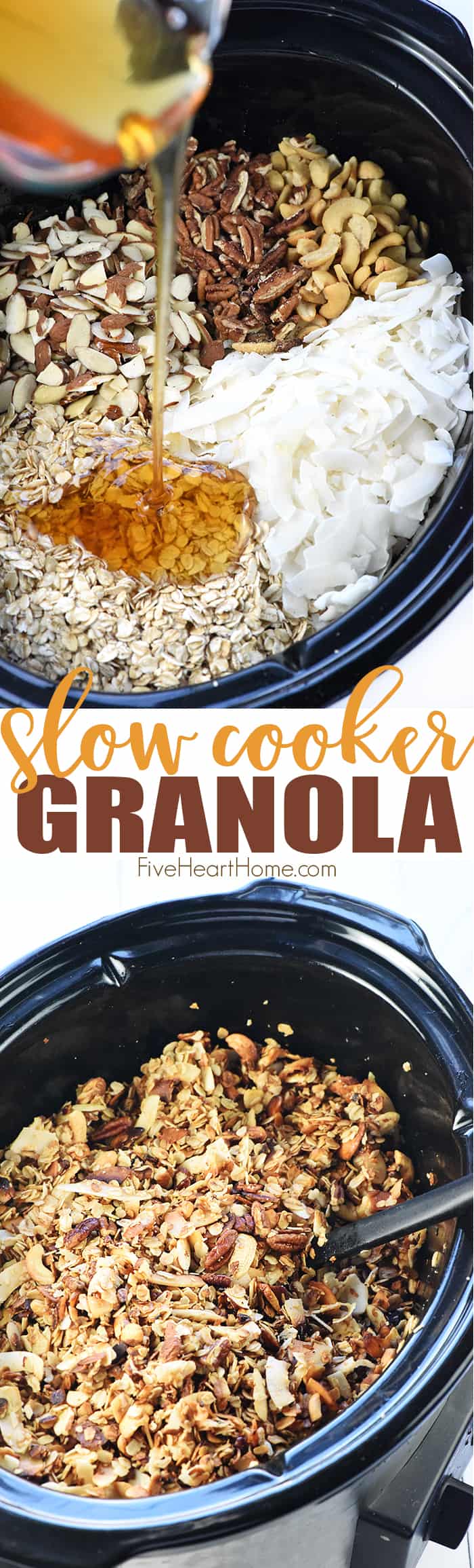 Slow Cooker Granola ~ crunchy, golden, and delicious, combining oats, nuts, coconut, coconut oil, and honey in the crock pot for an effortless, wholesome treat! | FiveHeartHome.com via @fivehearthome