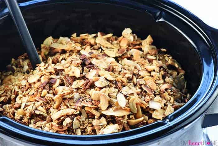 Slow Cooker Granola ~ a combination of oats, nuts, coconut, coconut oil, and honey effortlessly cook in the crock pot for a crunchy, wholesome breakfast or snack! | FiveHeartHome.com