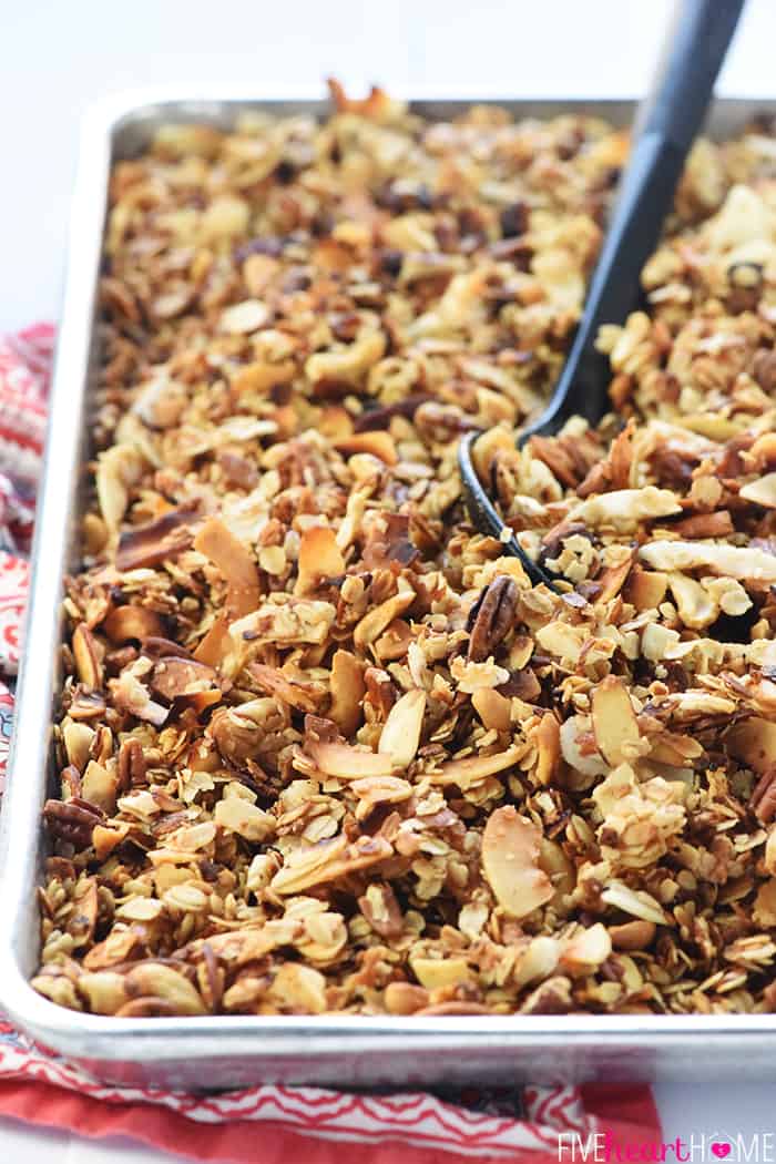 Slow Cooker Granola cooling on pan.