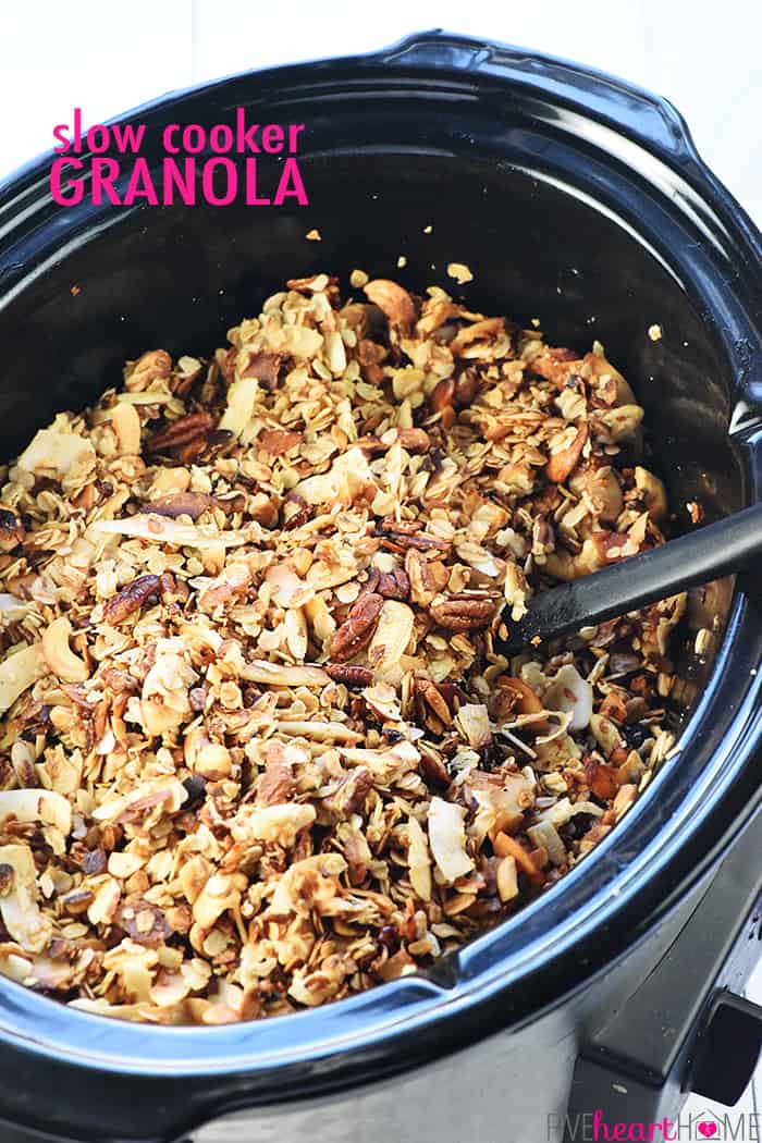 Slow Cooker Granola ~ a combination of oats, nuts, coconut, coconut oil, and honey effortlessly cook in the crock pot for a crunchy, wholesome breakfast or snack! | FiveHeartHome.com Slow Cooker Granola with Text Overlay