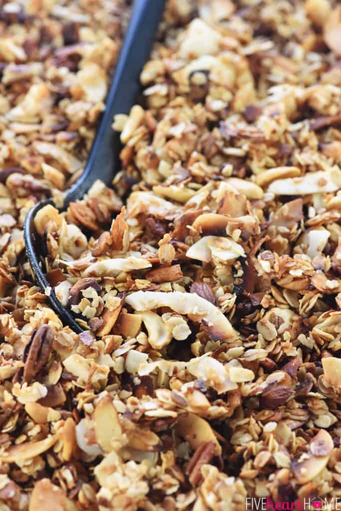 Slow Cooker Granola ~ a combination of oats, nuts, coconut, coconut oil, and honey effortlessly cook in the crock pot for a crunchy, wholesome breakfast or snack! | FiveHeartHome.com