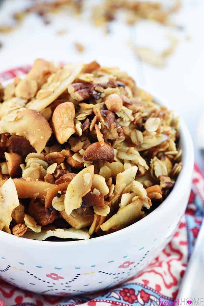 Slow Cooker Granola in white bowl.