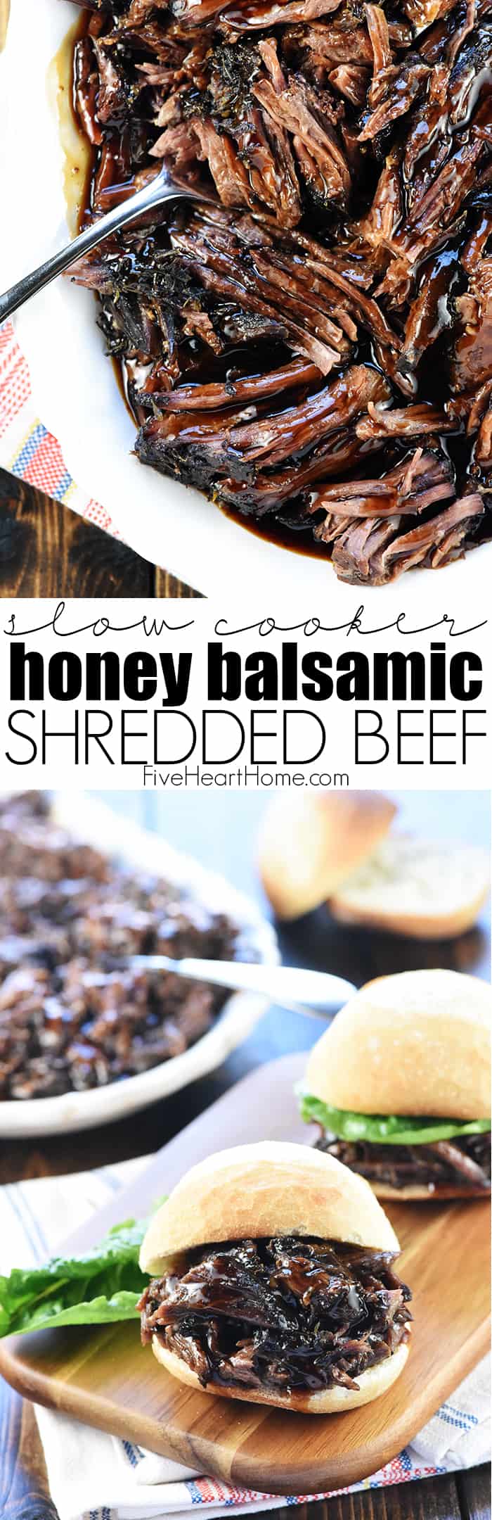 Slow Cooker Honey Balsamic Shredded Beef Sandwiches ~ a delicious, effortless, satisfying crock pot recipe perfect for busy weeknight dinners, parties, or game day! | FiveHeartHome.com via @fivehearthome