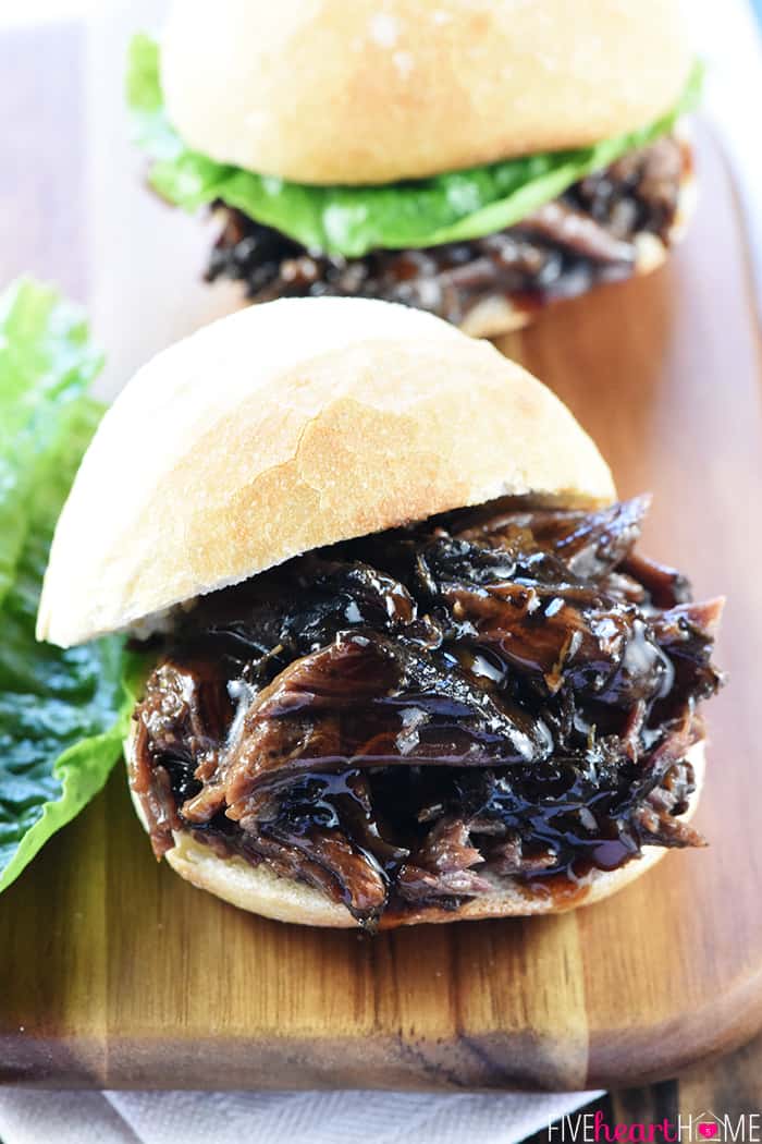 Slow Cooker Honey Balsamic Shredded Beef Sandwiches with Lettuce Garnish