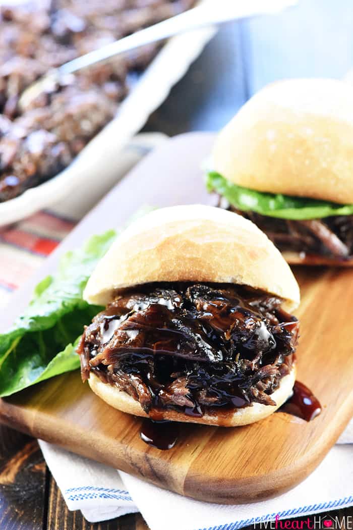 Slow Cooker Honey Balsamic Shredded Beef Sandwiches on Cutting Board