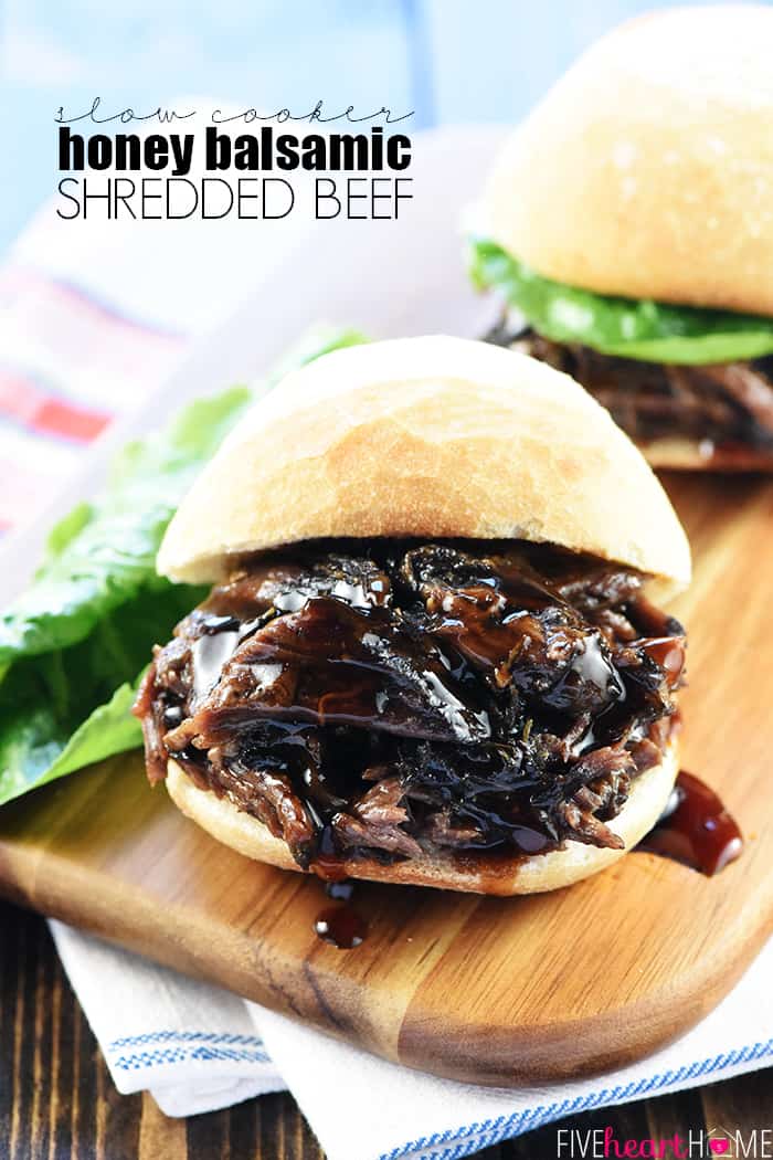 Slow Cooker Honey Balsamic Shredded Beef Sandwiches with Text Overlay