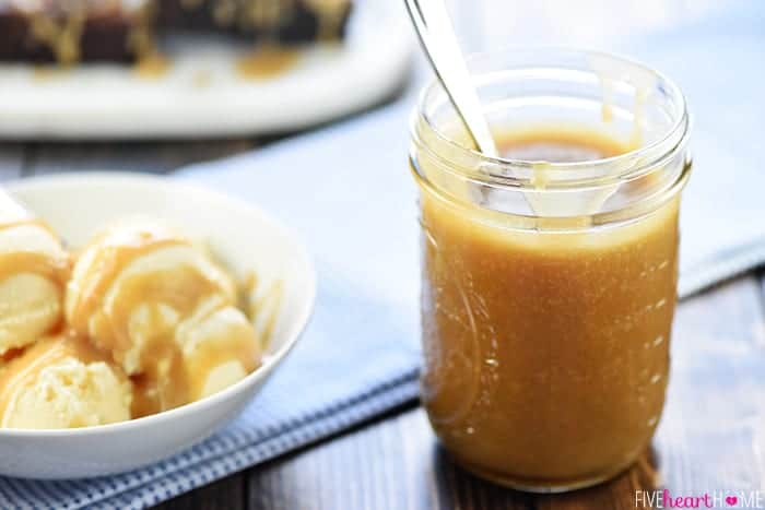 Quick Homemade Caramel Sauce ~ how to make yummy, thick caramel sauce with just five ingredients in five minutes...a perfect recipe for apples, brownies, ice cream, cheesecake, or as a gift! | FiveHeartHome.com