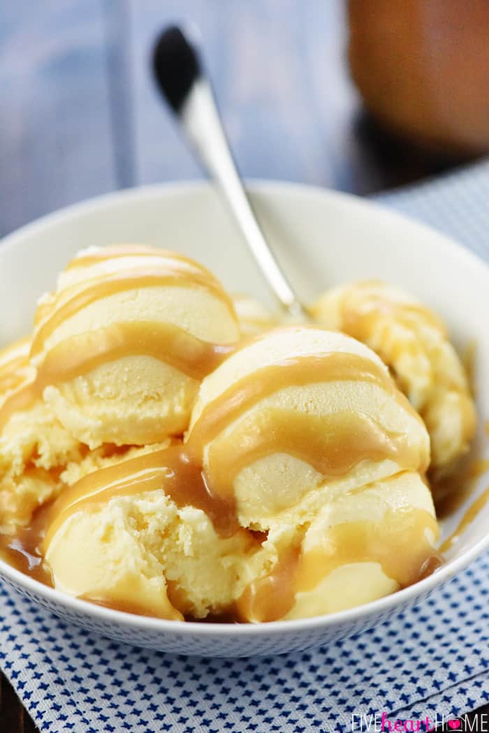 Easy Homemade Caramel Sauce ~ this is the BEST caramel sauce recipe...thick, gooey, and made with just FIVE ingredients in only FIVE minutes! It makes a perfect caramel dip for apples, it's delicious drizzled over brownies or ice cream, and it's even great as a homemade food gift! | FiveHeartHome.com Drizzled over vanilla ice cream.