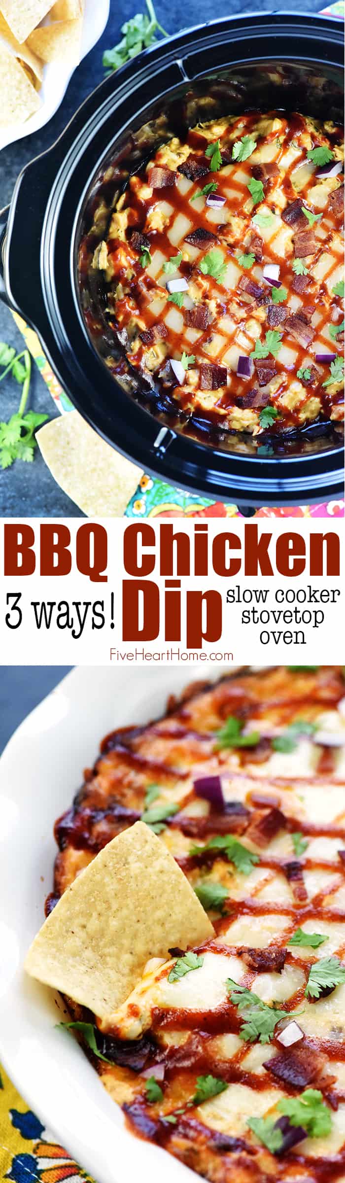 BBQ Chicken Dip ~ a creamy, zippy, decadent appetizer recipe that can be made in the slow cooker, on the stovetop, or in the oven, perfect for parties and football tailgating! | FiveHeartHome.com via @fivehearthome