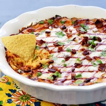BBQ Chicken Dip ~ a creamy, zippy, decadent appetizer recipe that can be made in the slow cooker, on the stovetop, or in the oven, perfect for parties and football tailgating! | FiveHeartHome.com