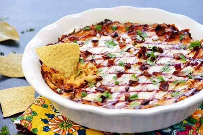 BBQ Chicken Dip ~ a creamy, zippy, decadent appetizer recipe that can be made in the slow cooker, on the stovetop, or in the oven, perfect for parties and football tailgating! | FiveHeartHome.com