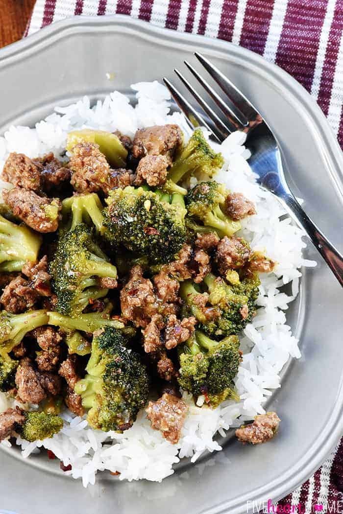 Aerial view of one of the best ground beef recipes, served over rice.