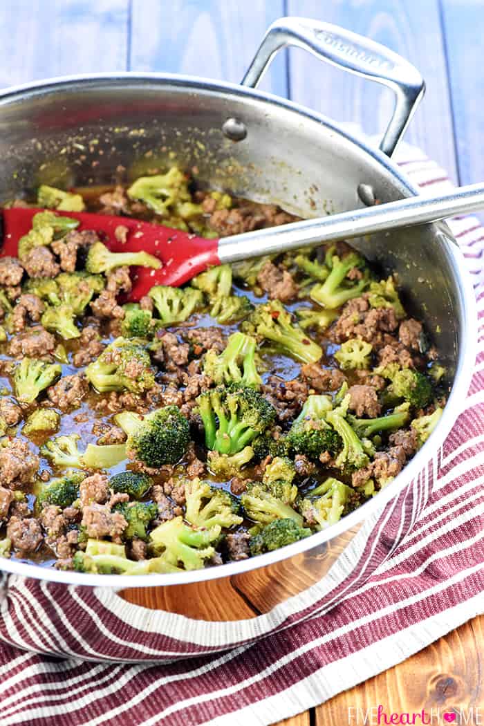 Healthy Ground Beef and Broccoli in a skillet.