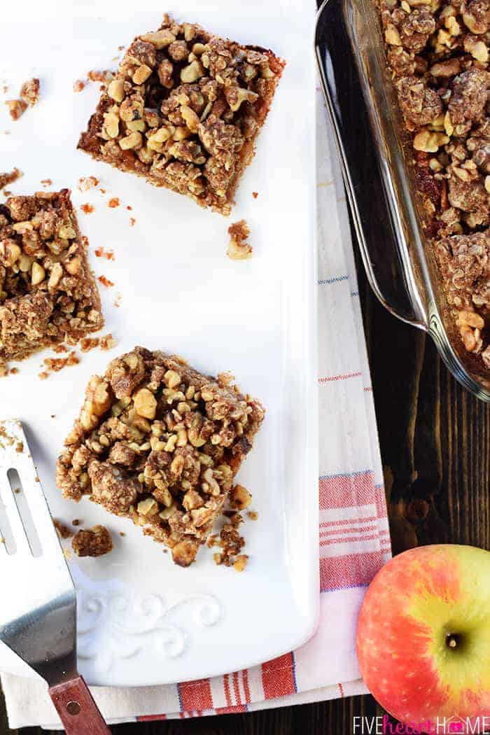 Aerial view of Apple Butter Bars on white serving tray