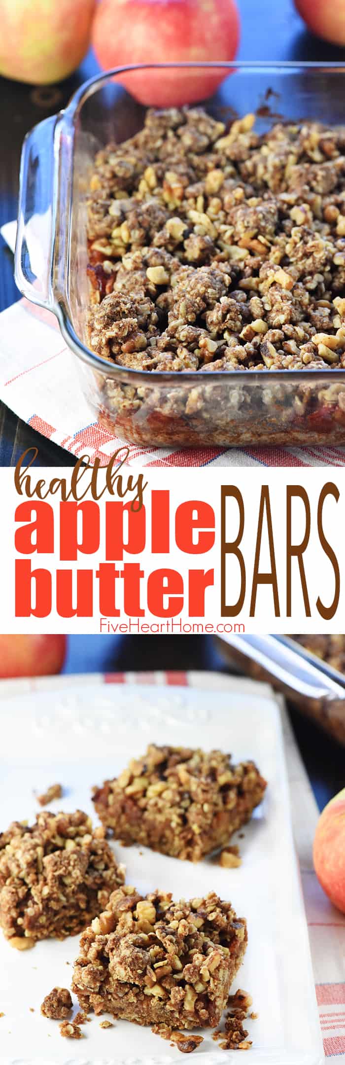 Healthy Apple Butter Bars ~ loaded with oatmeal, chopped apples, apple butter, and nuts for a delicious, wholesome breakfast or snack! | FiveHeartHome.com via @fivehearthome