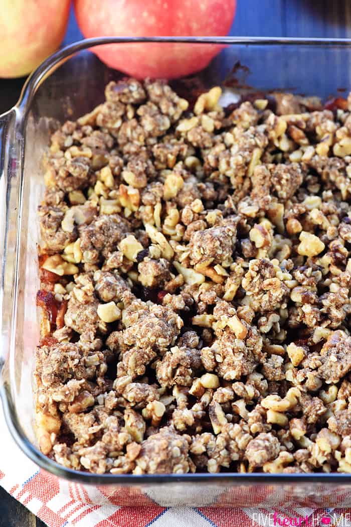 Close-up of crumble on top in baking dish