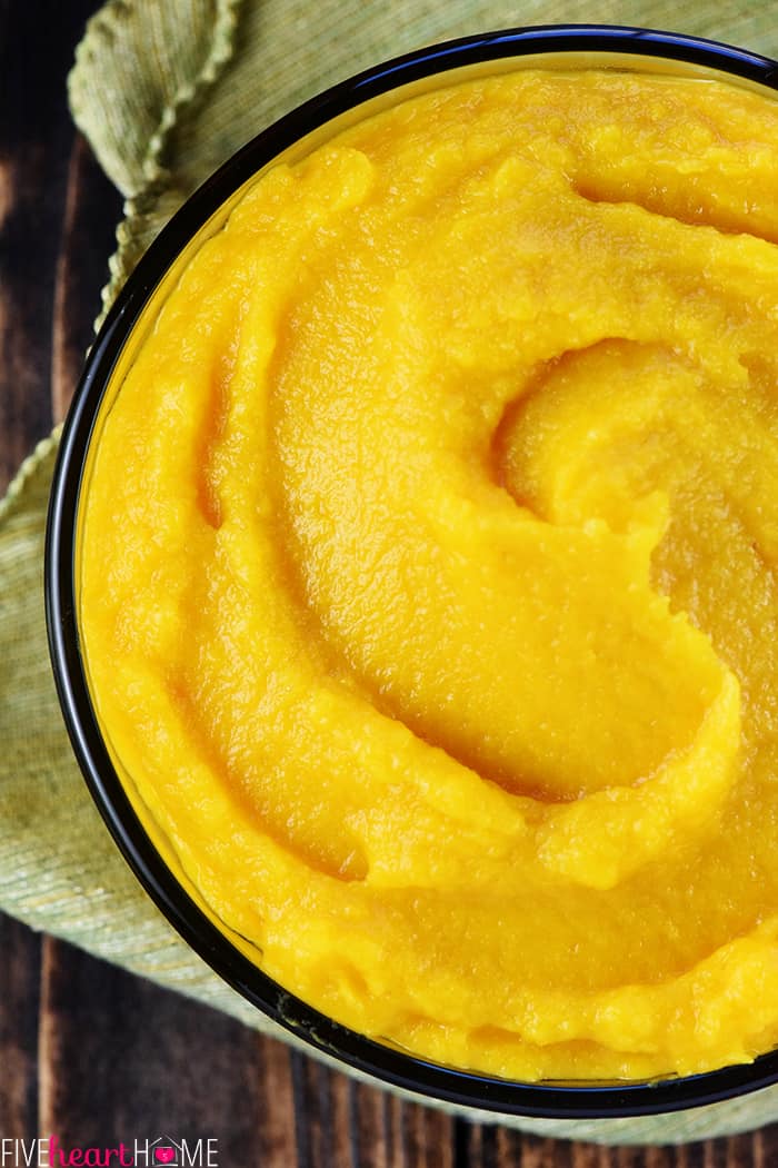 Aerial view of Pumpkin Puree in a bowl.