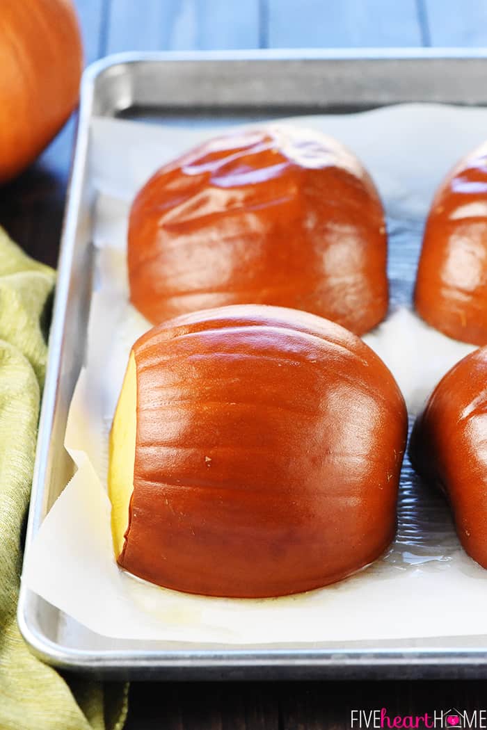 Baked halves on pan for Pumpkin Puree.