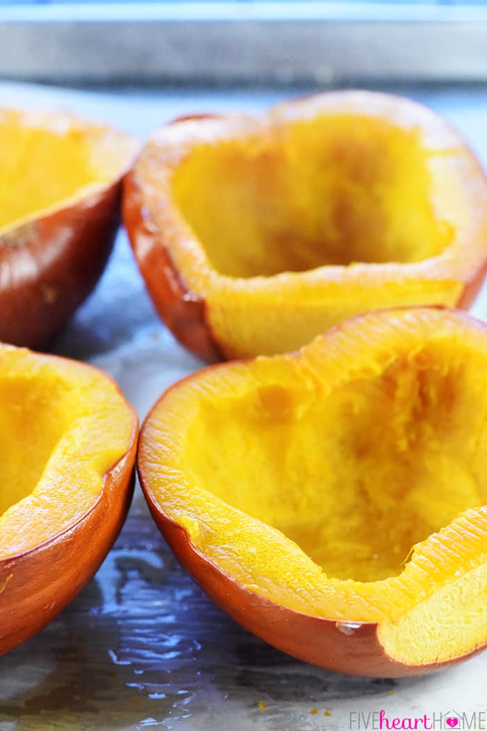 Baked pumpkin halves ready to make puree.