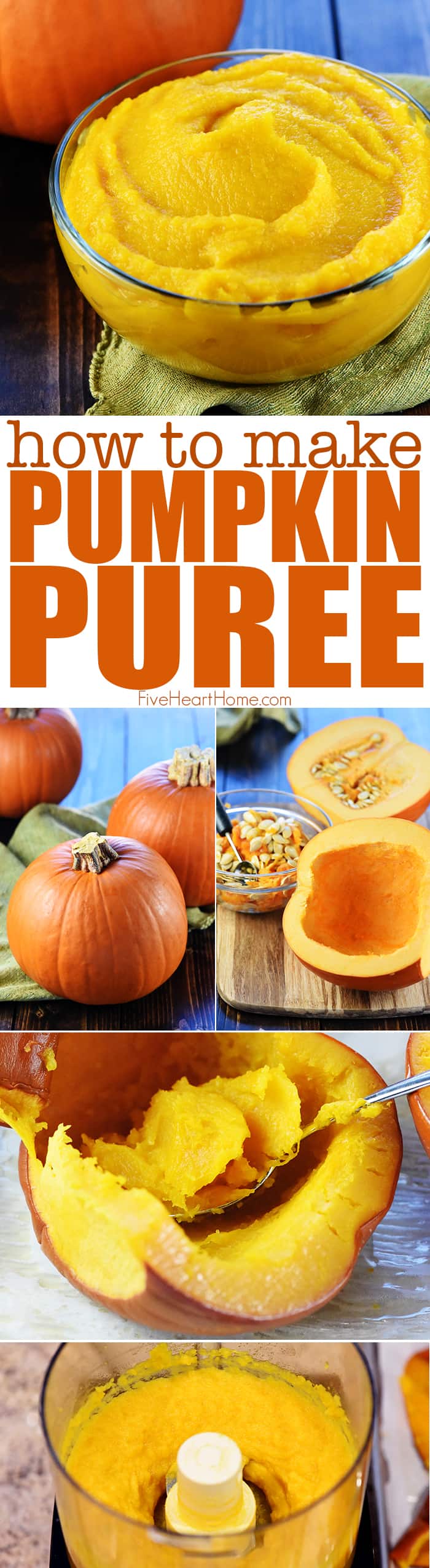 Homemade Pumpkin Puree Recipe ~ step-by-step directions for how to make pumpkin puree...it's easy to make this healthy and delicious base for all of your favorite pumpkin recipes! | FiveHeartHome.com via @fivehearthome