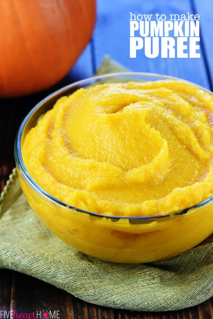 Clear glass bowl of Homemade Pumpkin Puree recipe.