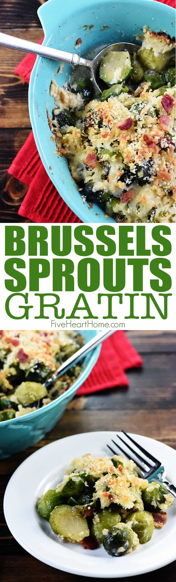 Brussels Sprouts Gratin ~ a cheesy, decadent, delicious recipe loaded with bacon, Gruyere, and crunchy breadcrumbs...the perfect side dish for dinner parties or holiday menus! | FiveHeartHome.com via @fivehearthome