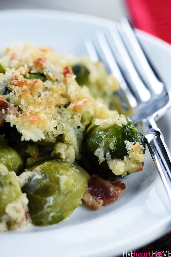Close-up of Brussels Sprouts Gratin on plate.
